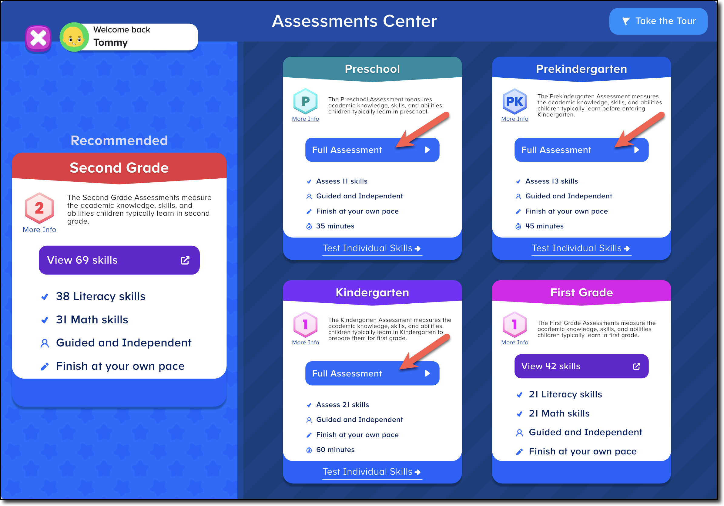 Assessment Center home screen - arrows to Full Assessments.png