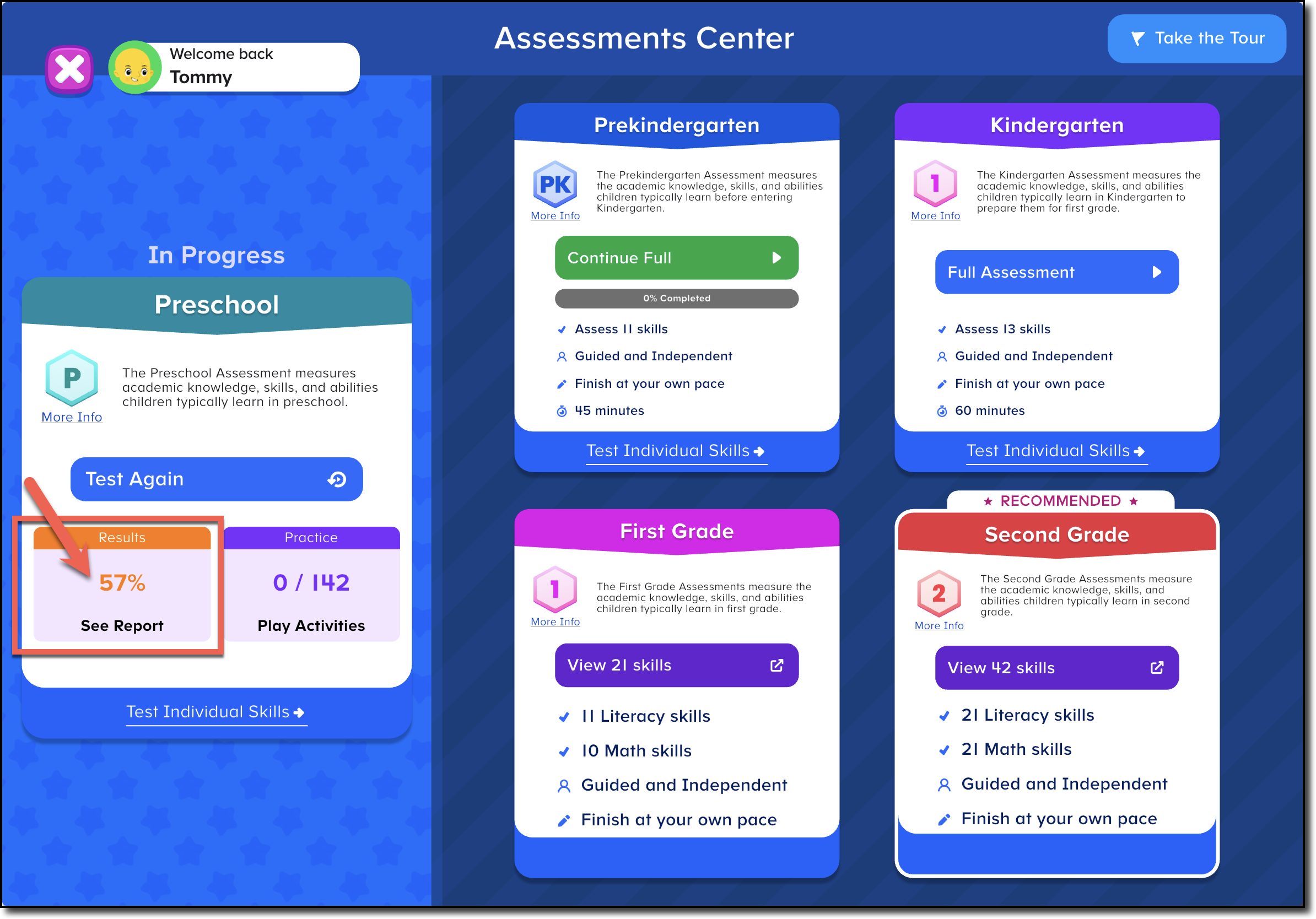 Assessment Center - Home screen Preschool Results See Report.png