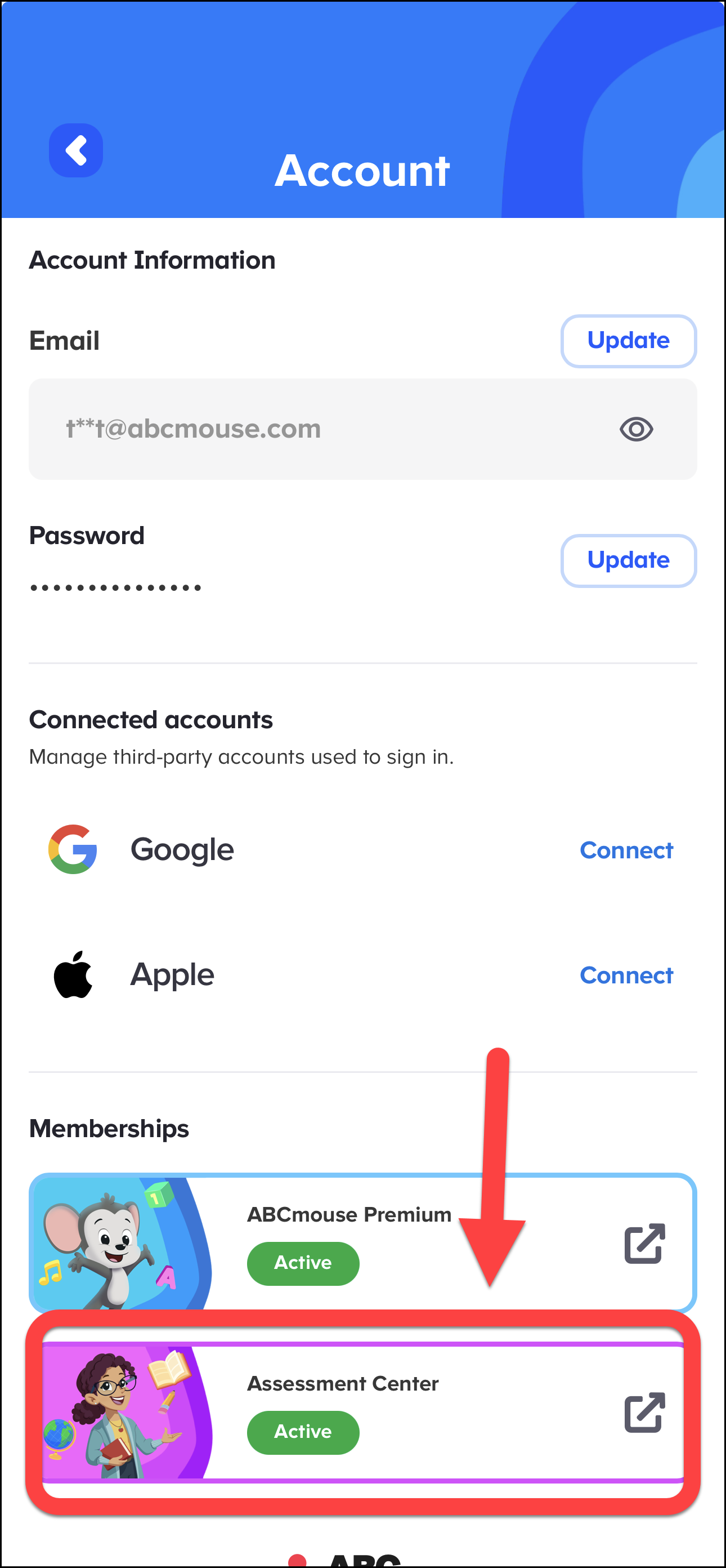 English (American) ABCmouse v1.68.0 Pointing to Assessment Center on Account page.png