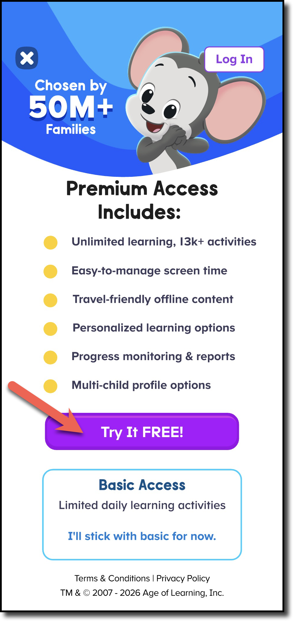 ABCmouse Choose plan screen - Arrow to Free Monthly Trial.png