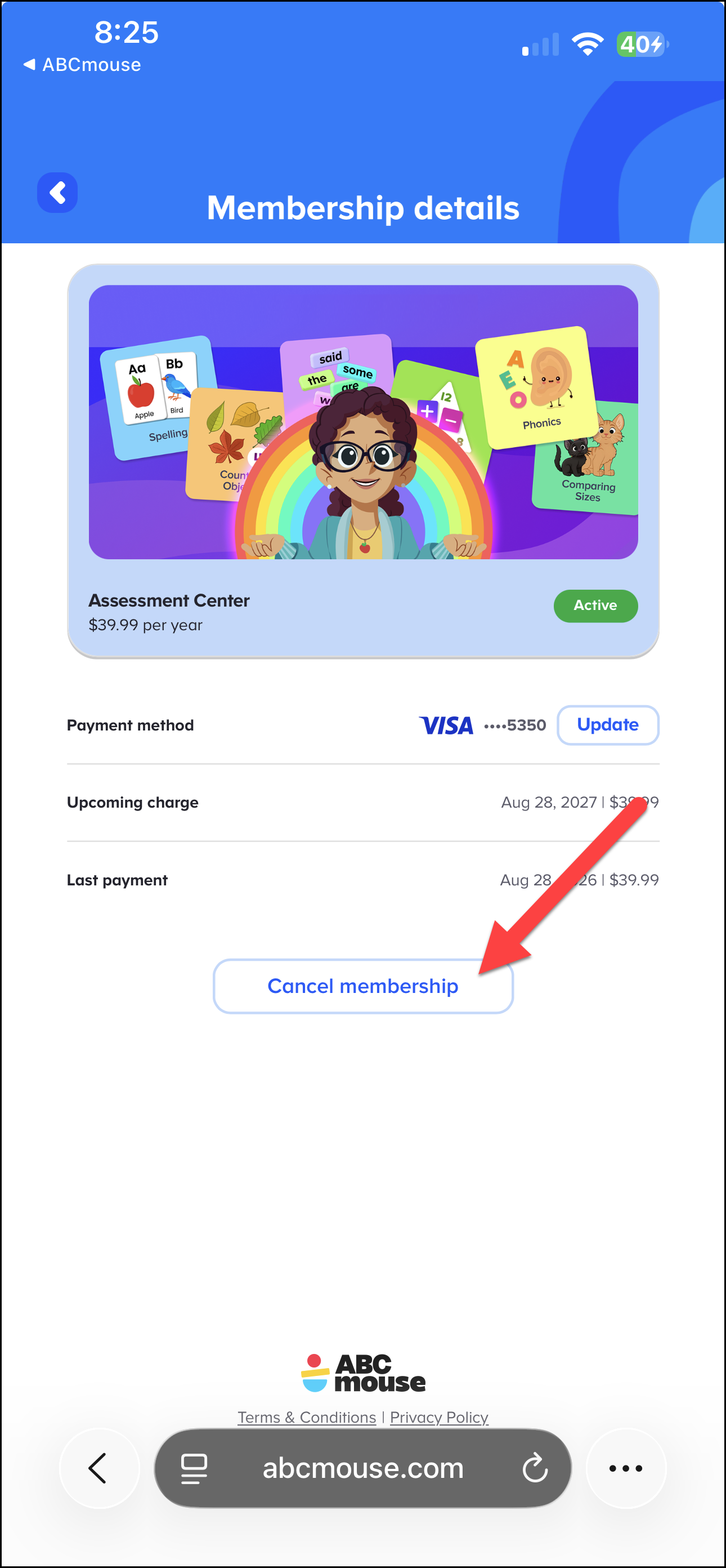 English (American) ABCmouse v1.68.0 Pointing to Cancel Membership for the Assessment Center on Membership Details Page.png