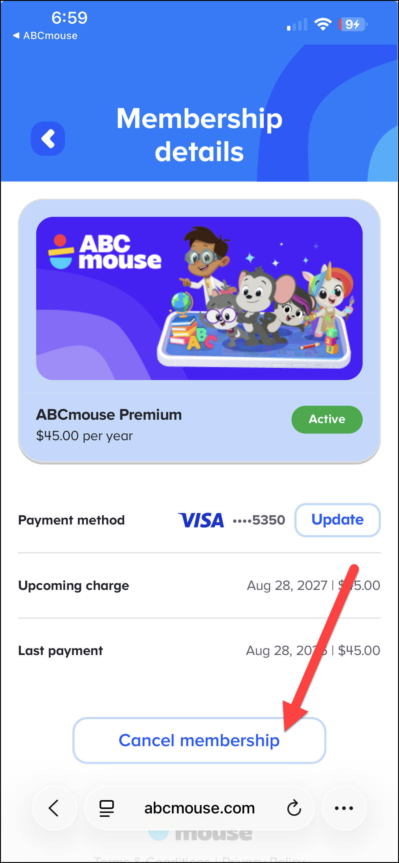 English (American) ABCmouse v1.68.0 Pointing to Cancel Membership button for the ABCmouse on Membership Details page.png