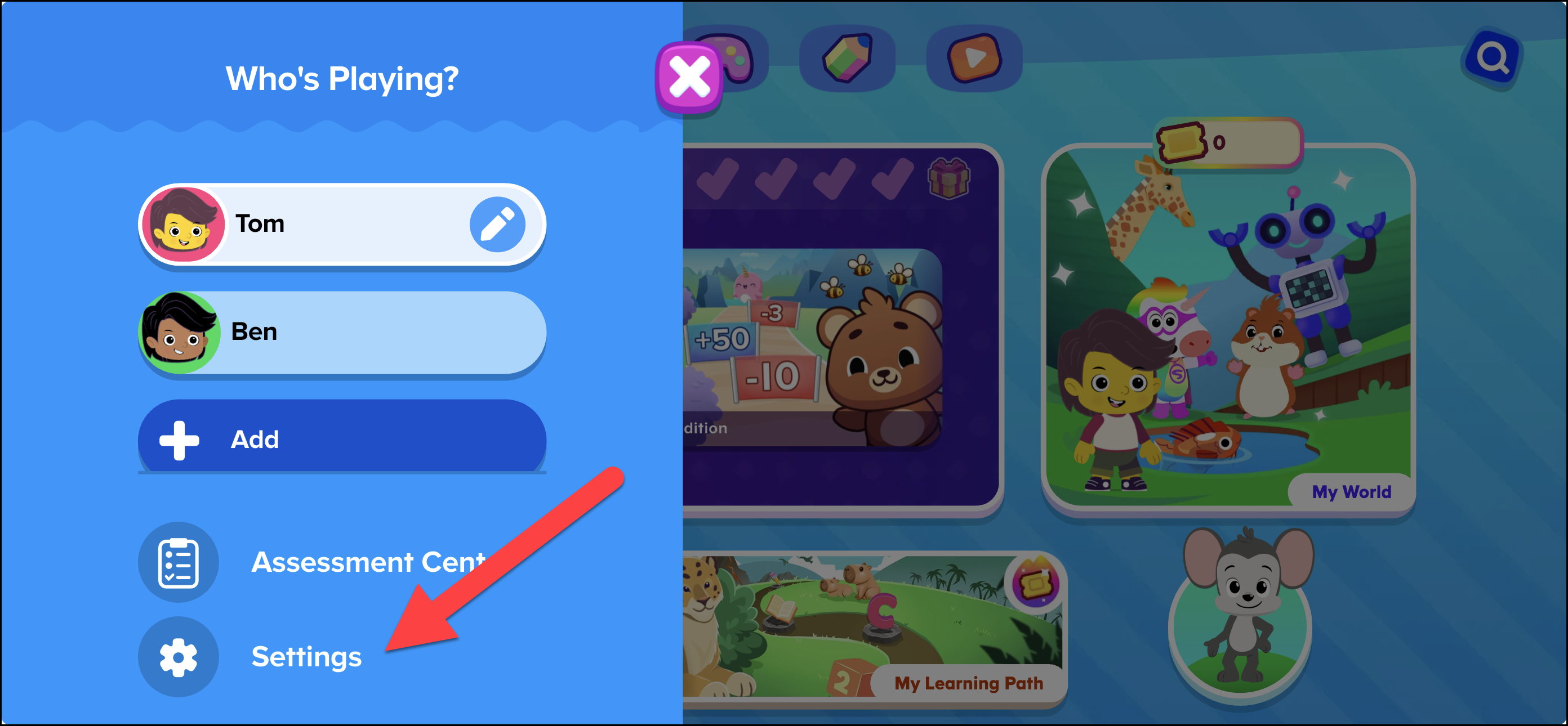 English (American) ABCmouse v1.67.0 Who Playing menu screen point to settings icon for Premium access experience.png