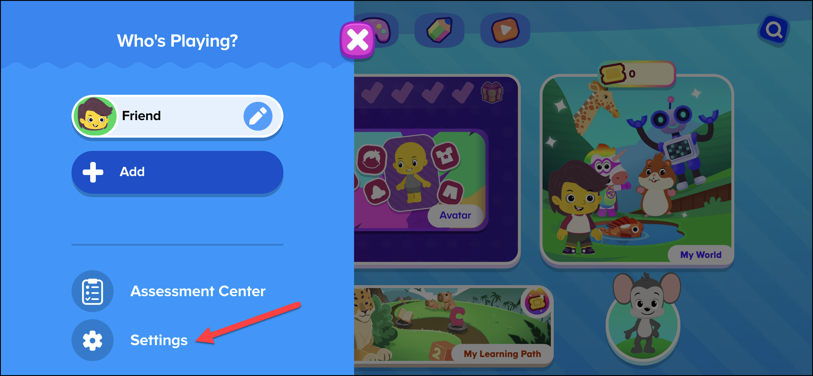 English (American) ABCmouse v1.67.0 Who Playing menu screen point to settings icon for Premium access experience.png