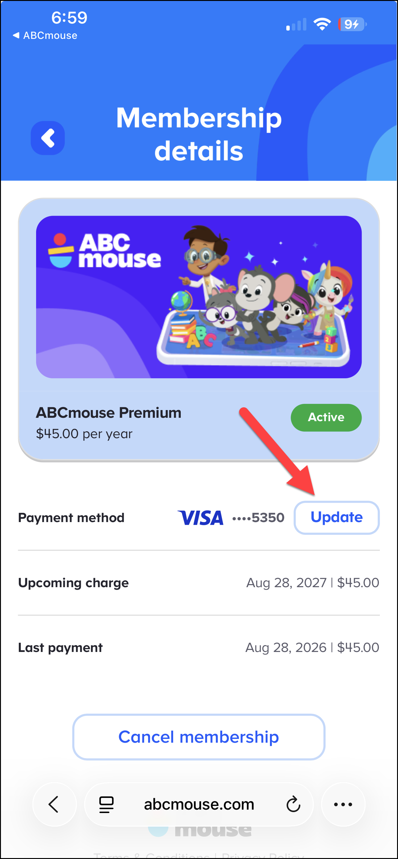 Membership details page pointing to change button for payment method.png