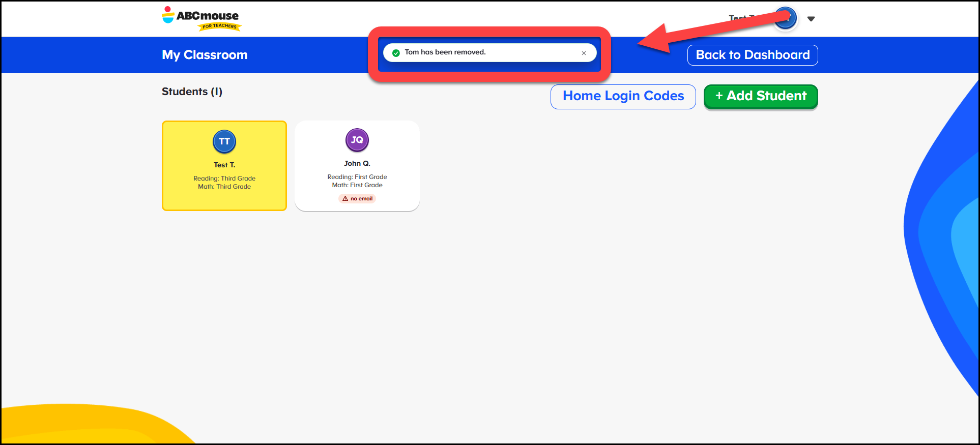 English (American) ABCmouse v1.68.0 Teacher account point to confirmation notification regarding the student was deleted.png