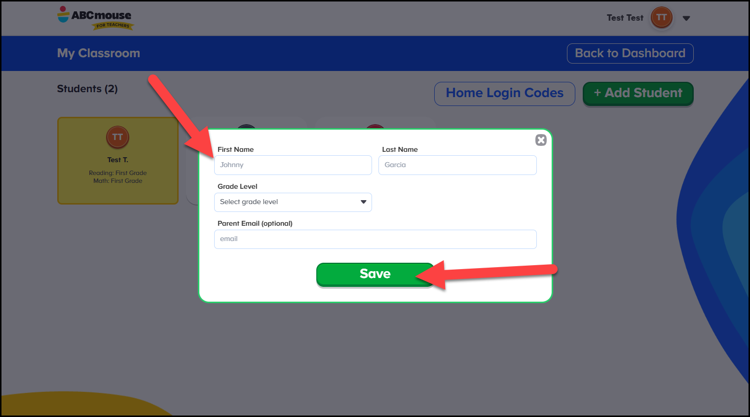 English (American) ABCmouse v1.68.0 Teacher account pointing to empty fields and save option on the add student pop up.png