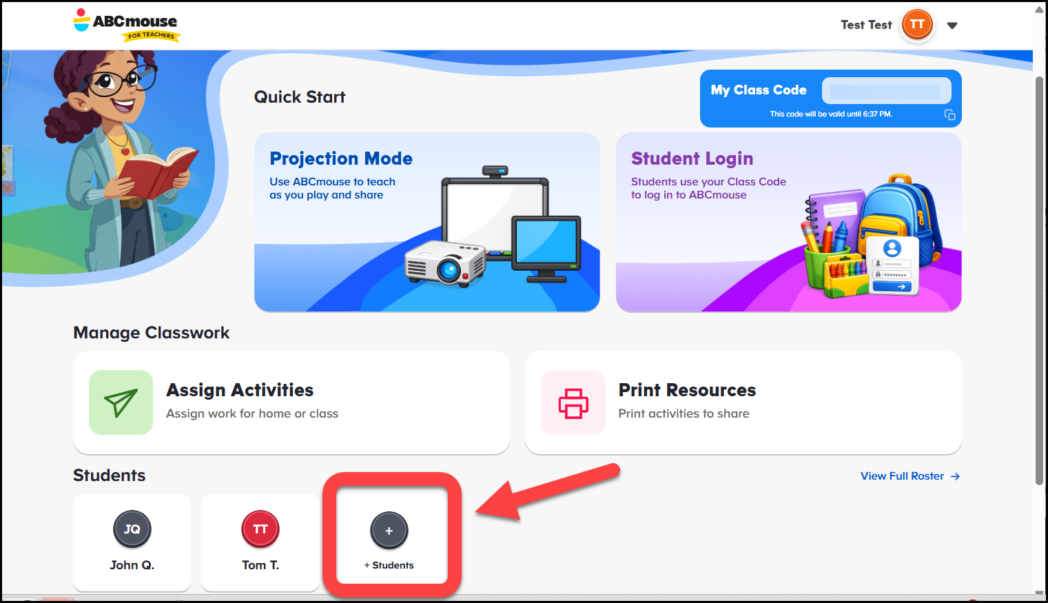 English (American) ABCmouse v1.68.0 Teacher account pointing to the +students icon.png