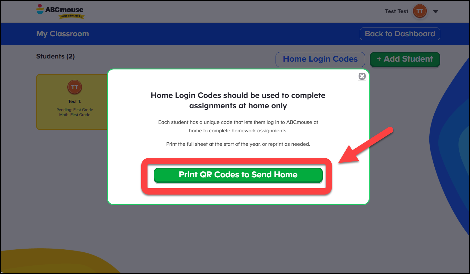 English (American) ABCmouse v1.68.0 Teacher account pointing to Print QR Codes to Send Home.png