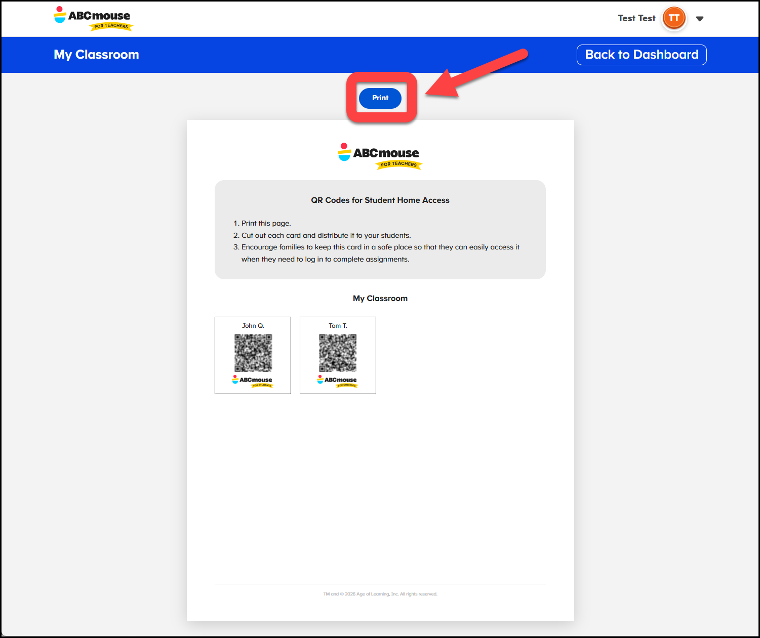 English (American) ABCmouse v1.68.0 Teacher account Pointing to Print button on the QR code for student Home Access page.png