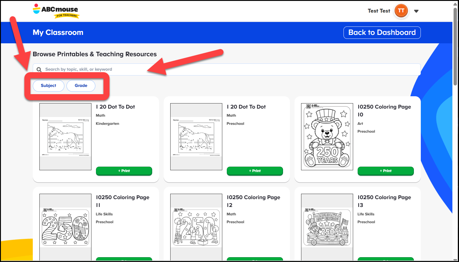 English (American) ABCmouse v1.68.0 Pointing to Subject or Grade and Search bar in Browse Printables & Teaching Resources.png