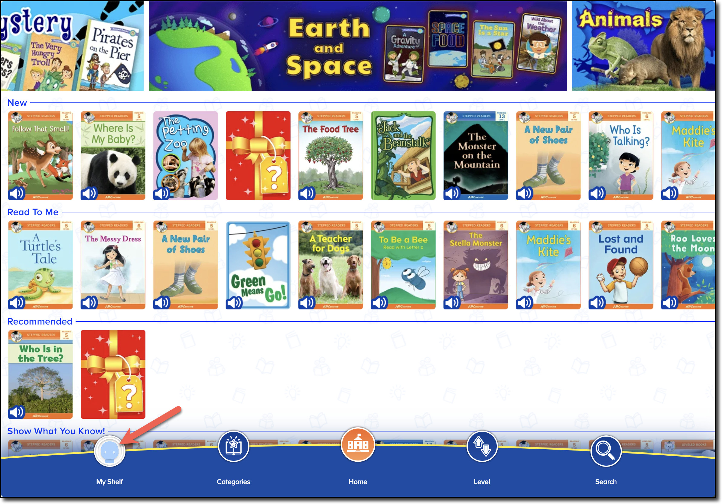 ReadingIQ home screen - My Shelf arrow.png