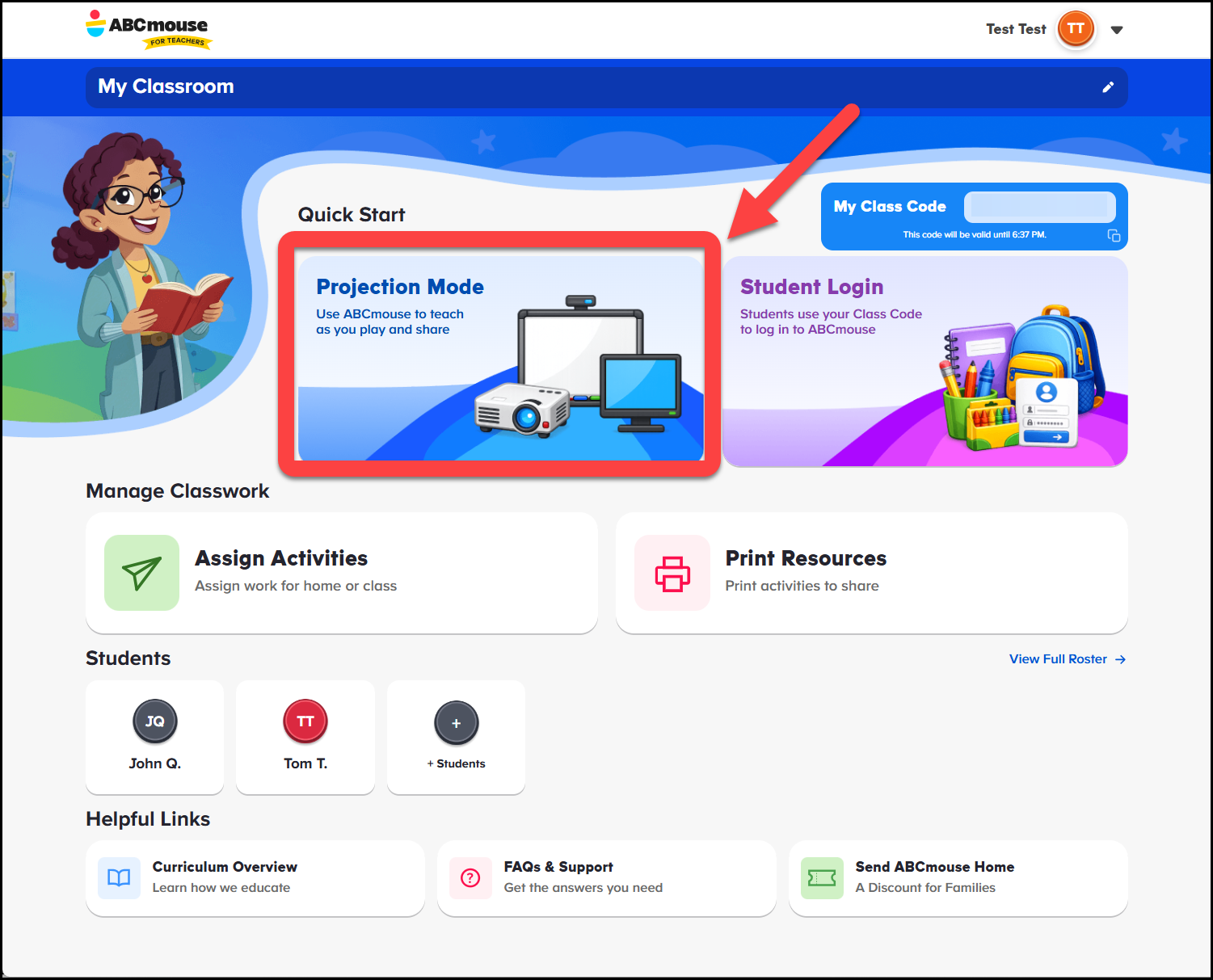English (American) ABCmouse v1.68.0 Teacher account pointing to Projection Mode.png