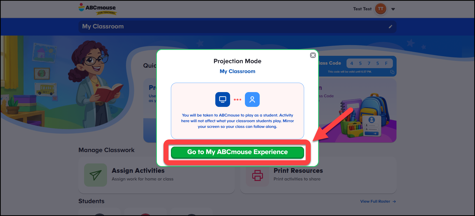 English (American) ABCmouse v1.68.0 Pointing to Go to My ABCmouse Experience on the projection mode pop up.png