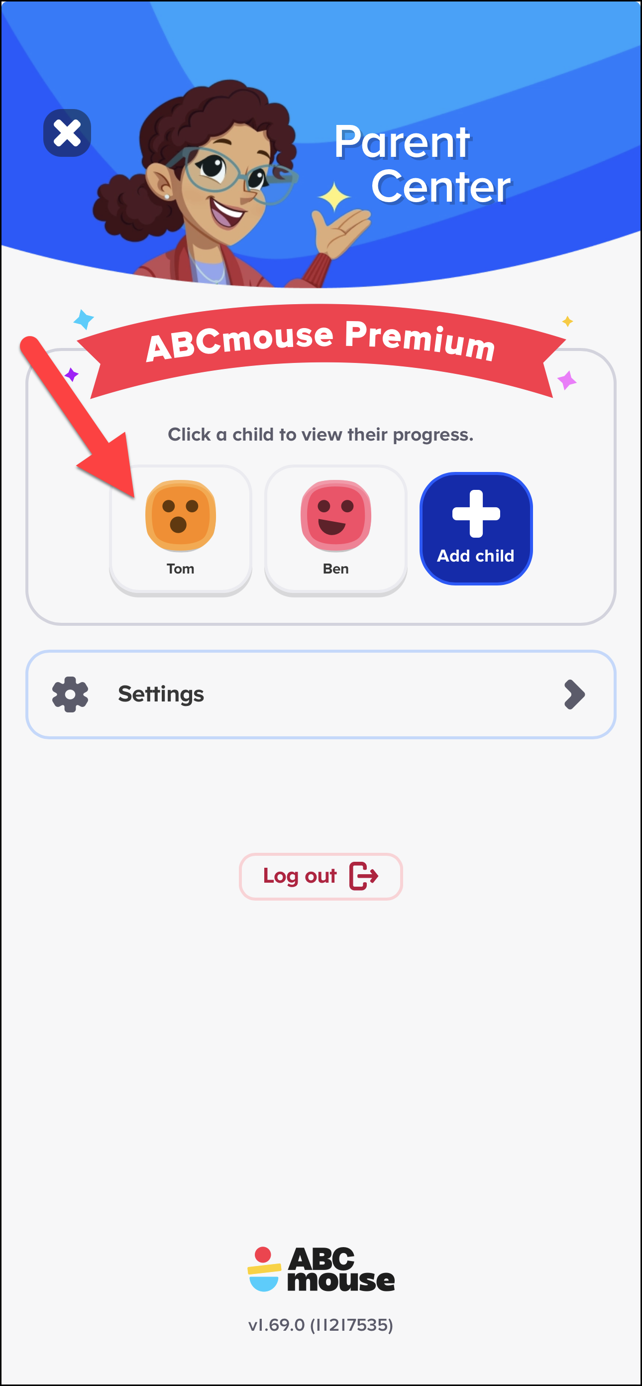 English (American) ABCmouse v1.68.0 Pointing to 'Amy' child profile on the parent center.png