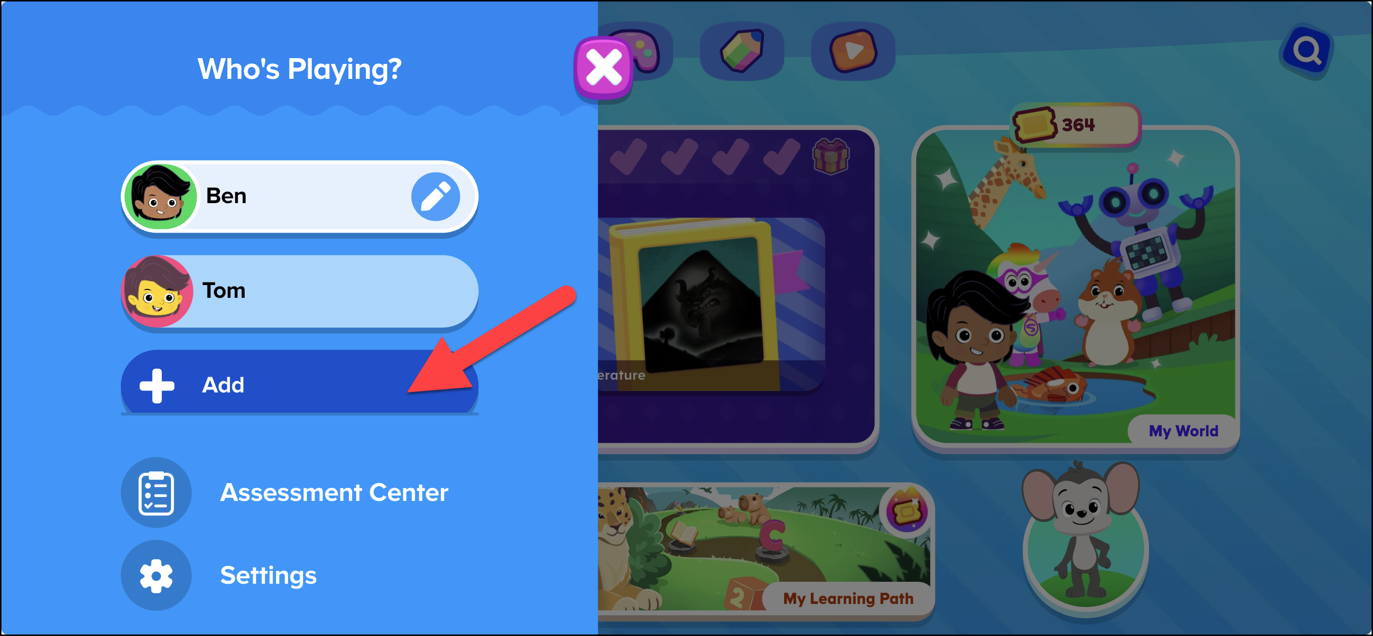 English (American) ABCmouse v1.69.0 Pointing to +Add on whos playing menu.png