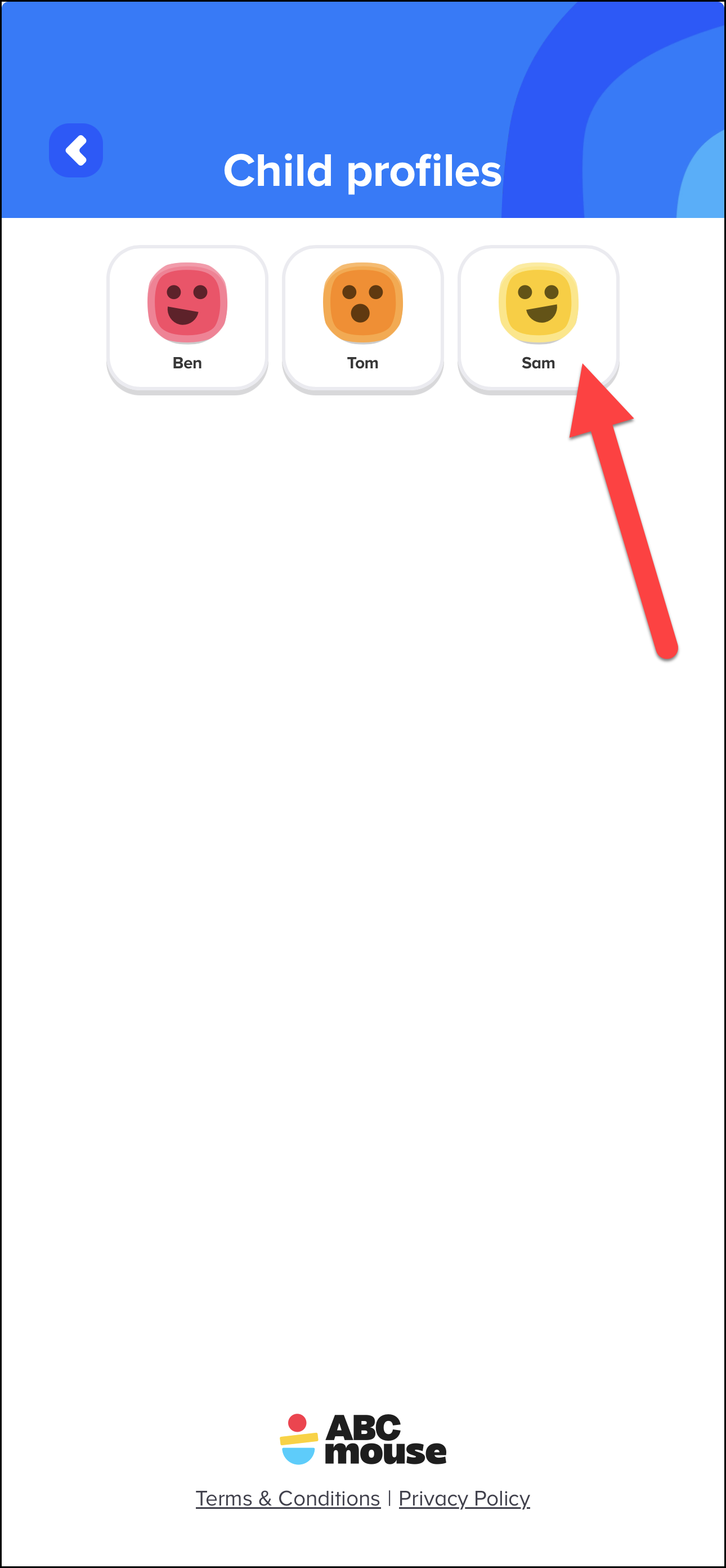 English (American) ABCmouse v1.69.0 Child profiles page pointing to 'Sam'.png