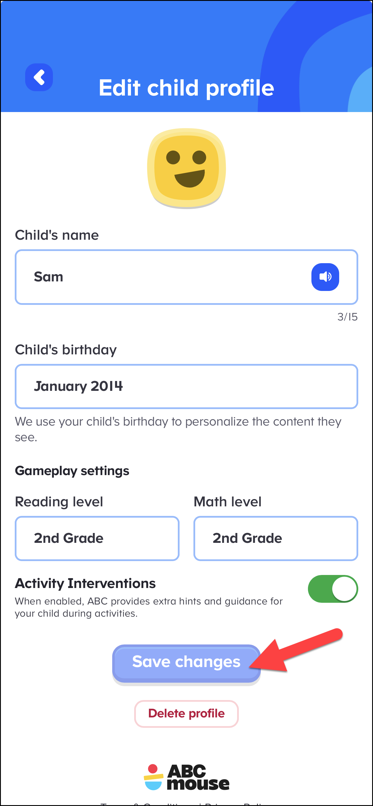 English (American) ABCmouse v1.69.0 Pointing to save button on the Edit child profile page.png