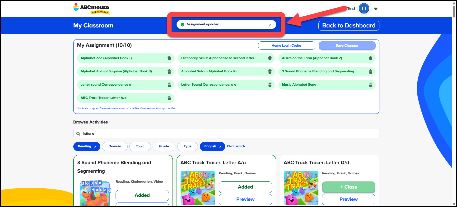 English (American) ABCmouse v1.68.0 Teacher account pointing to assignment updated pop up message.png