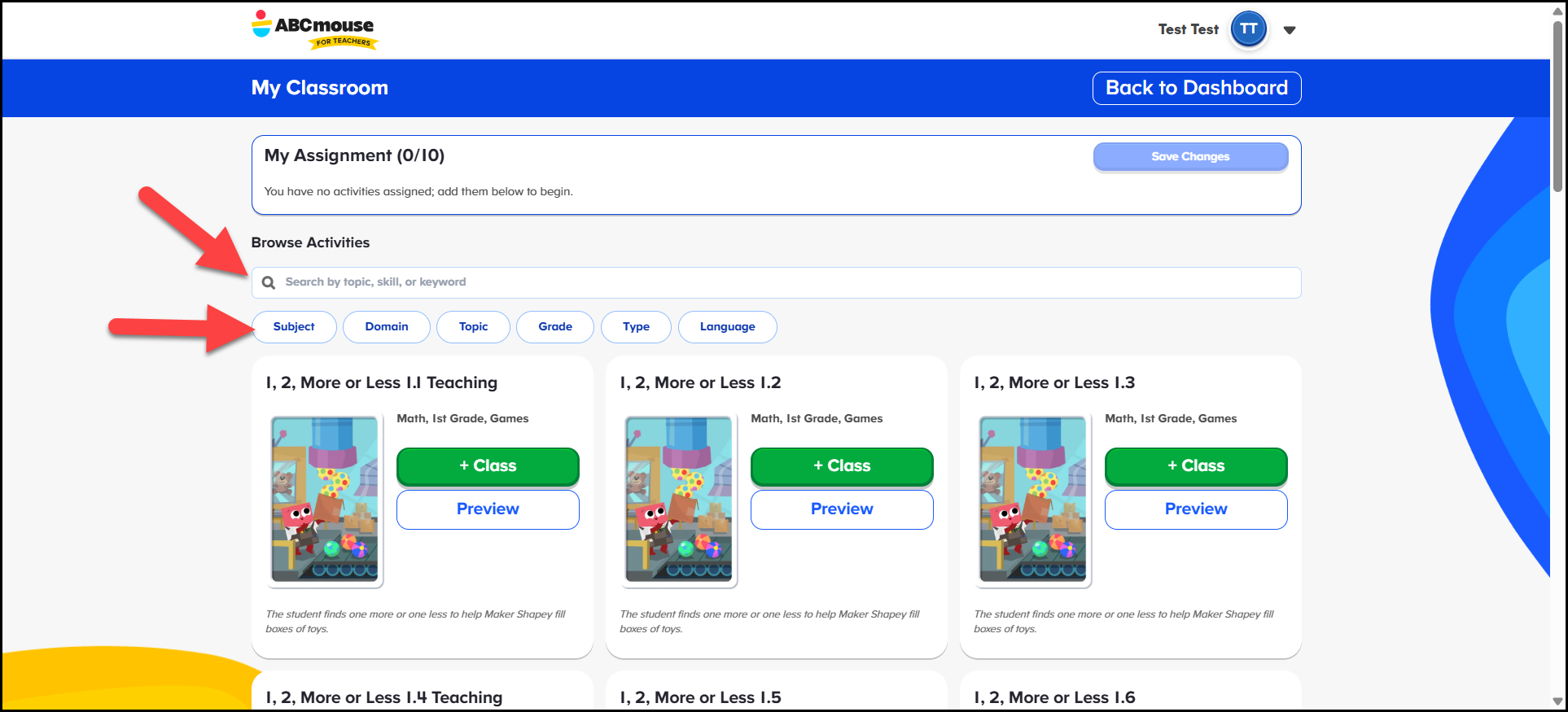 English (American) ABCmouse v1.68.0 Teacher acccount point to search bar and filter options within the assign activities page.png
