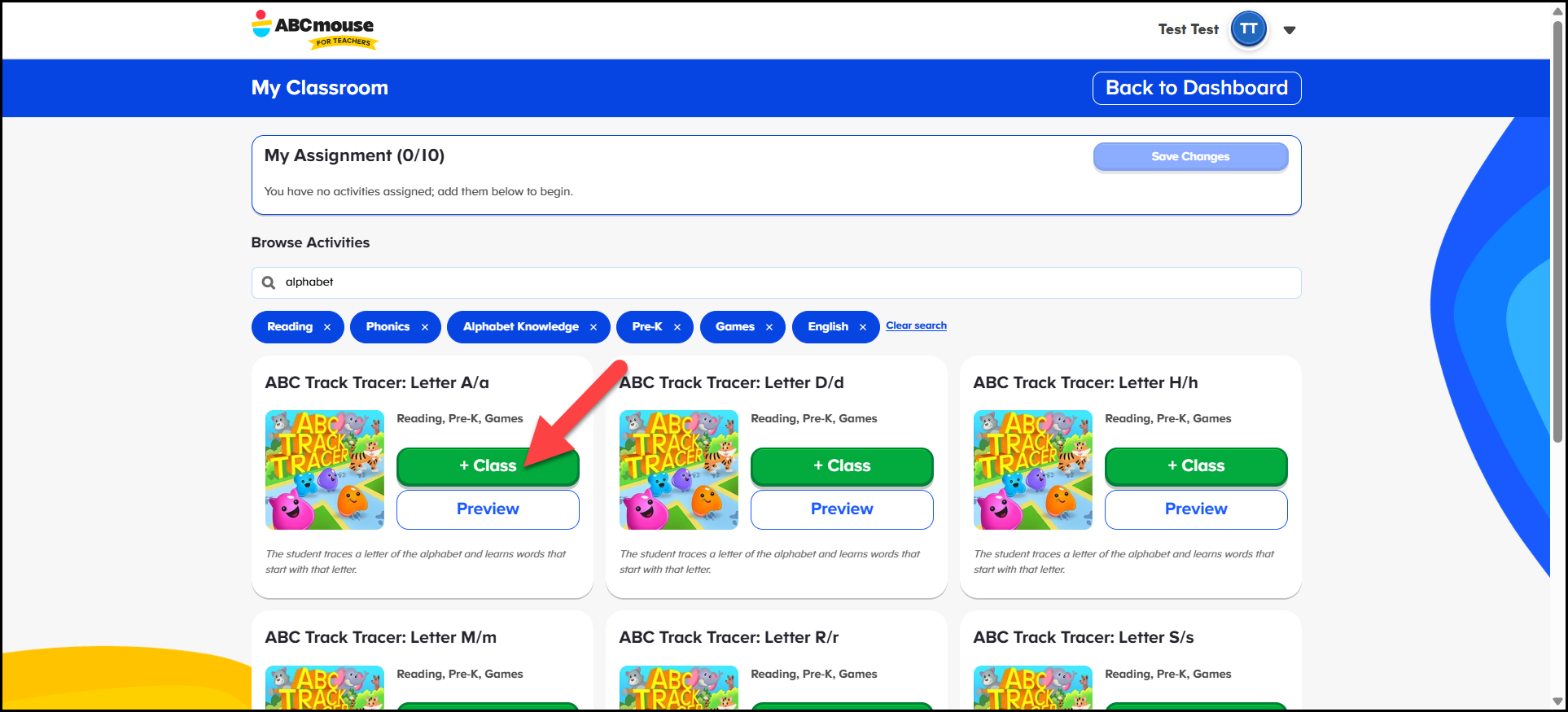 English (American) ABCmouse v1.68.0 Teacher account pointing to +Class on the assign activities page.png