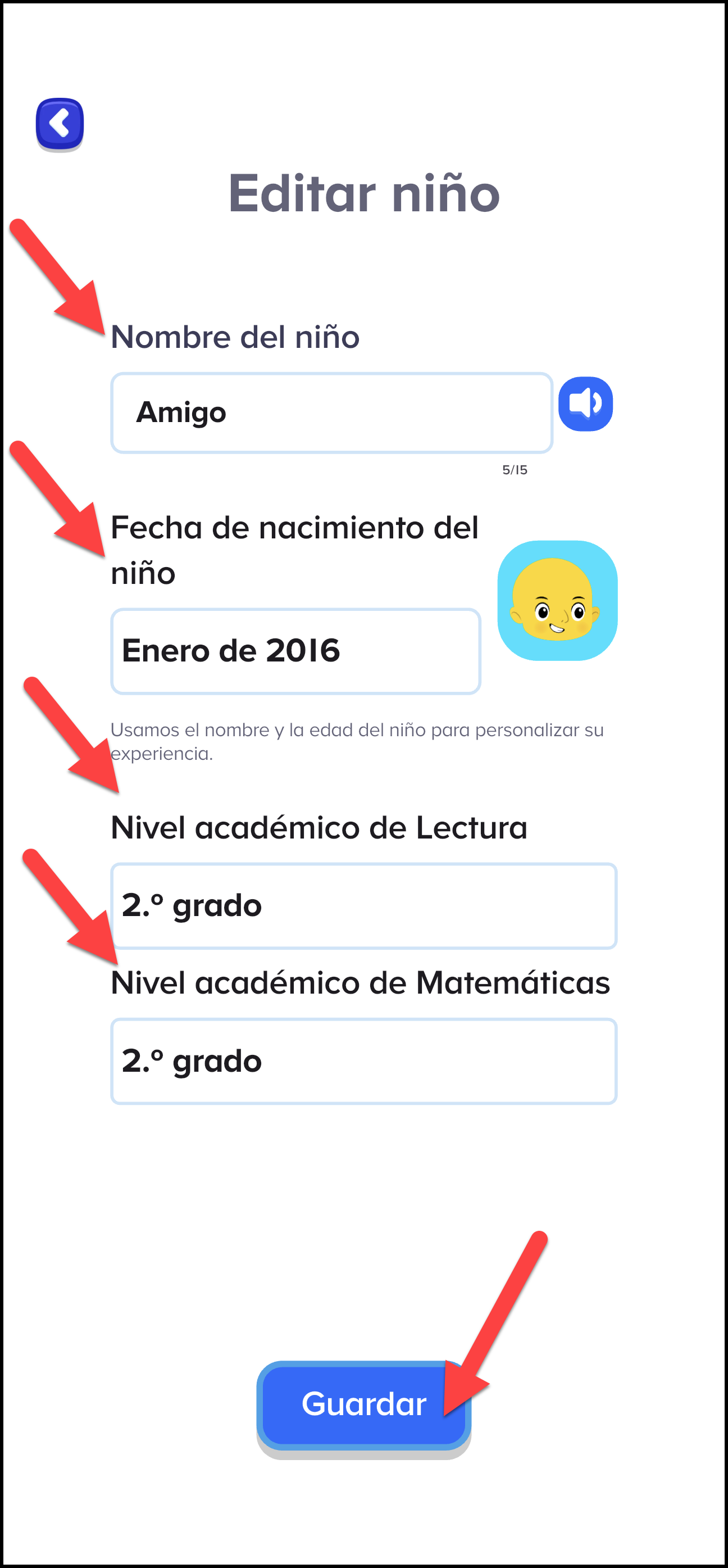 Espanol ABCmouse (Mexico) v1.63.0 pointing to Nombre del nino, fecha de nacimiento del nino, nivel academico de lecture, nivel academico de matemicas in add child area.png