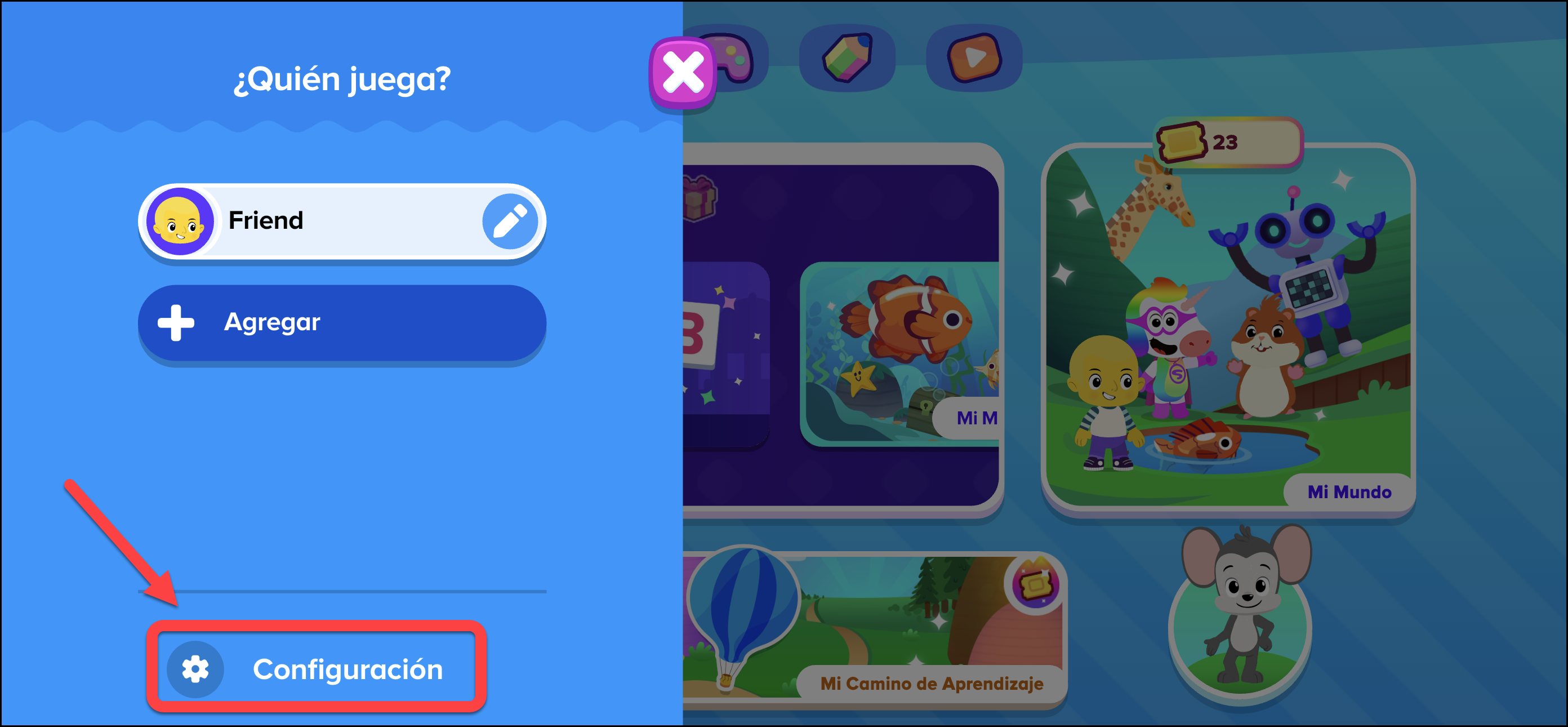 Espanol (Mexico) pointing to configuracion on who's playing screen.png