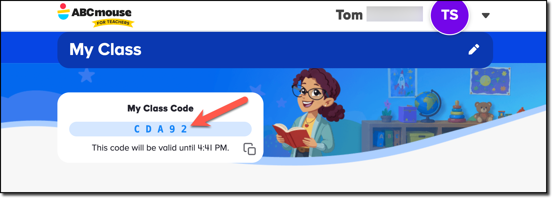 Teacher Dashboard - My Class Code w arrow.png